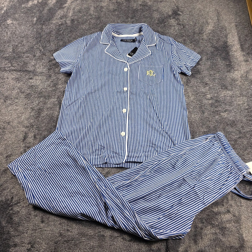 Ralph Lauren Blue Striped Shirt & Pant Sleep Set Womens XS Pajama Set